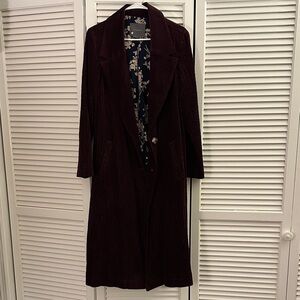 Anthropologie Velvety Burgundy Long Coat